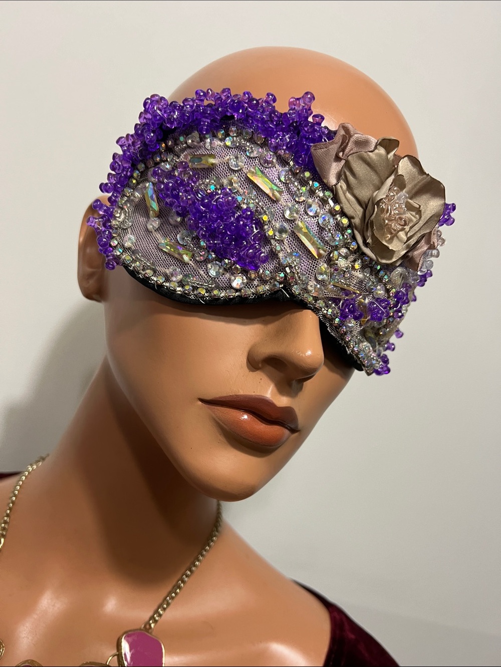 Purple Beaded Decorative Sleep Mask with Champagne Flower Accent